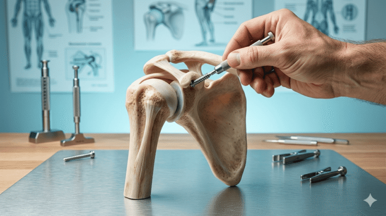 Detailný pohľad na anatomický model ľudského ramenného kĺbu, do ktorého ruka terapeuta skrutkuje kovovú skrutku v profesionálnom prostredí.