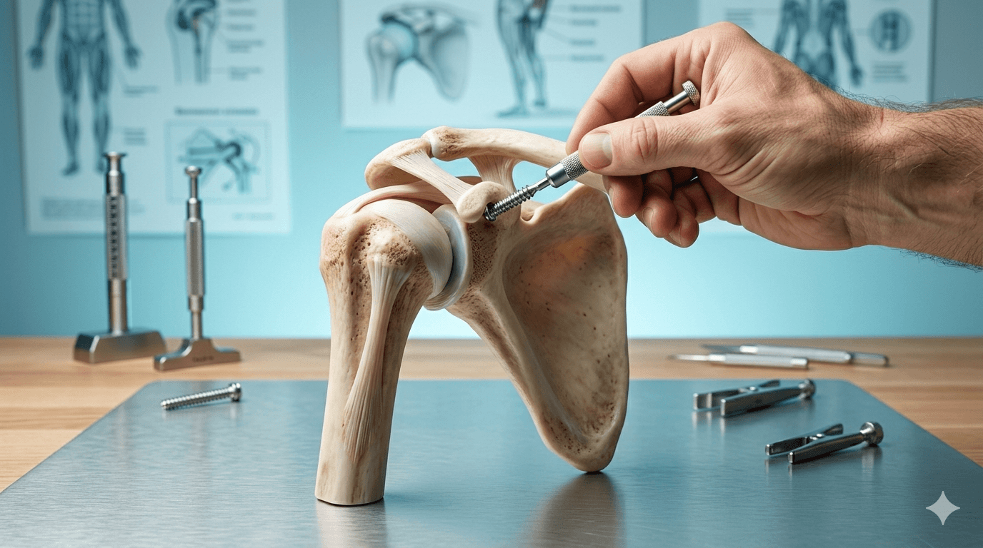 Detailný pohľad na anatomický model ľudského ramenného kĺbu, do ktorého ruka terapeuta skrutkuje kovovú skrutku v profesionálnom prostredí.