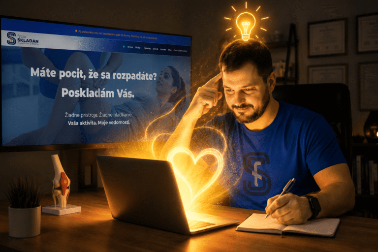 Martin Skladan pri tvorbe nového webu fyzioSKLADAN s dôrazom na vlastný spôsob uvažovania o fyzioterapii.